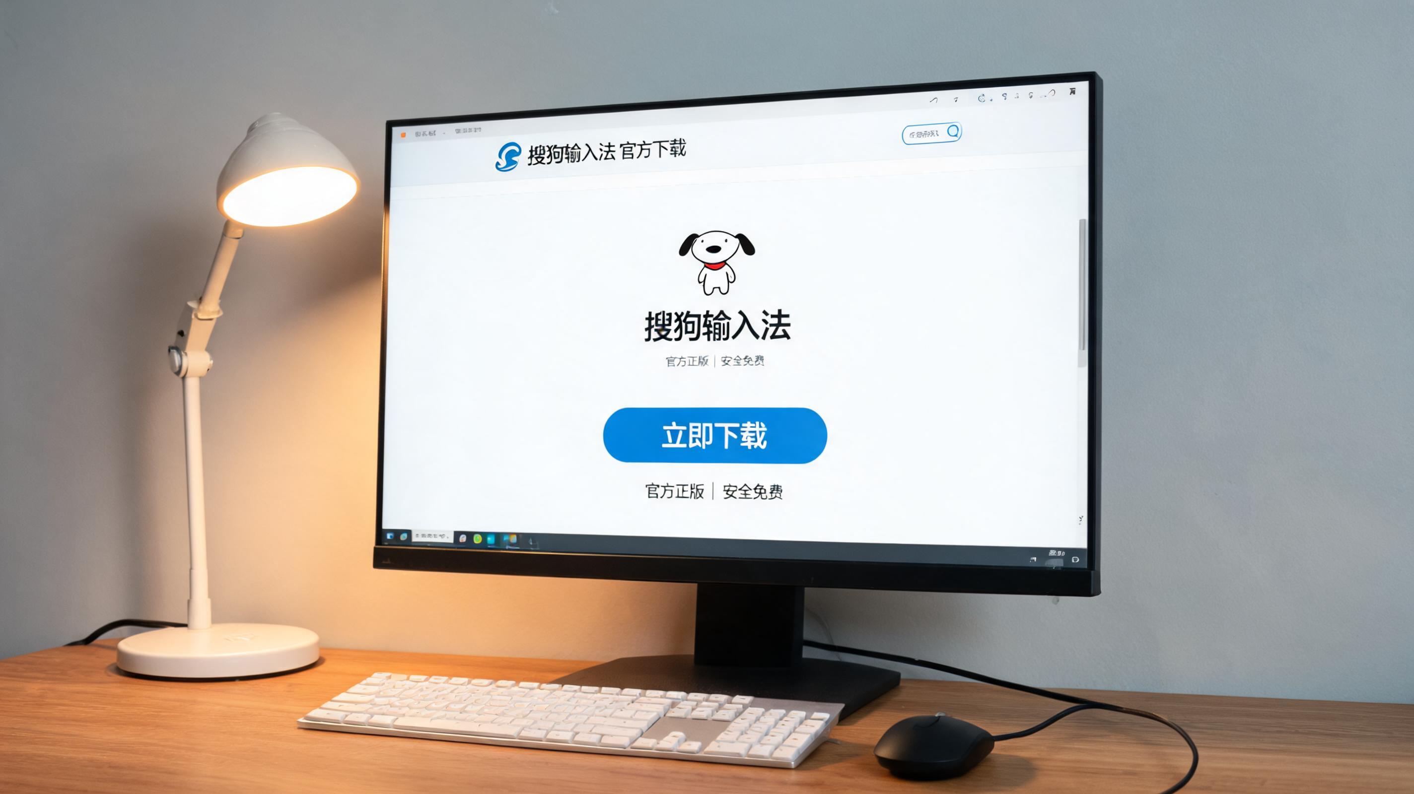 电脑桌上的屏幕，屏幕显示搜狗输入法官方下载屏幕，旁边放着台灯