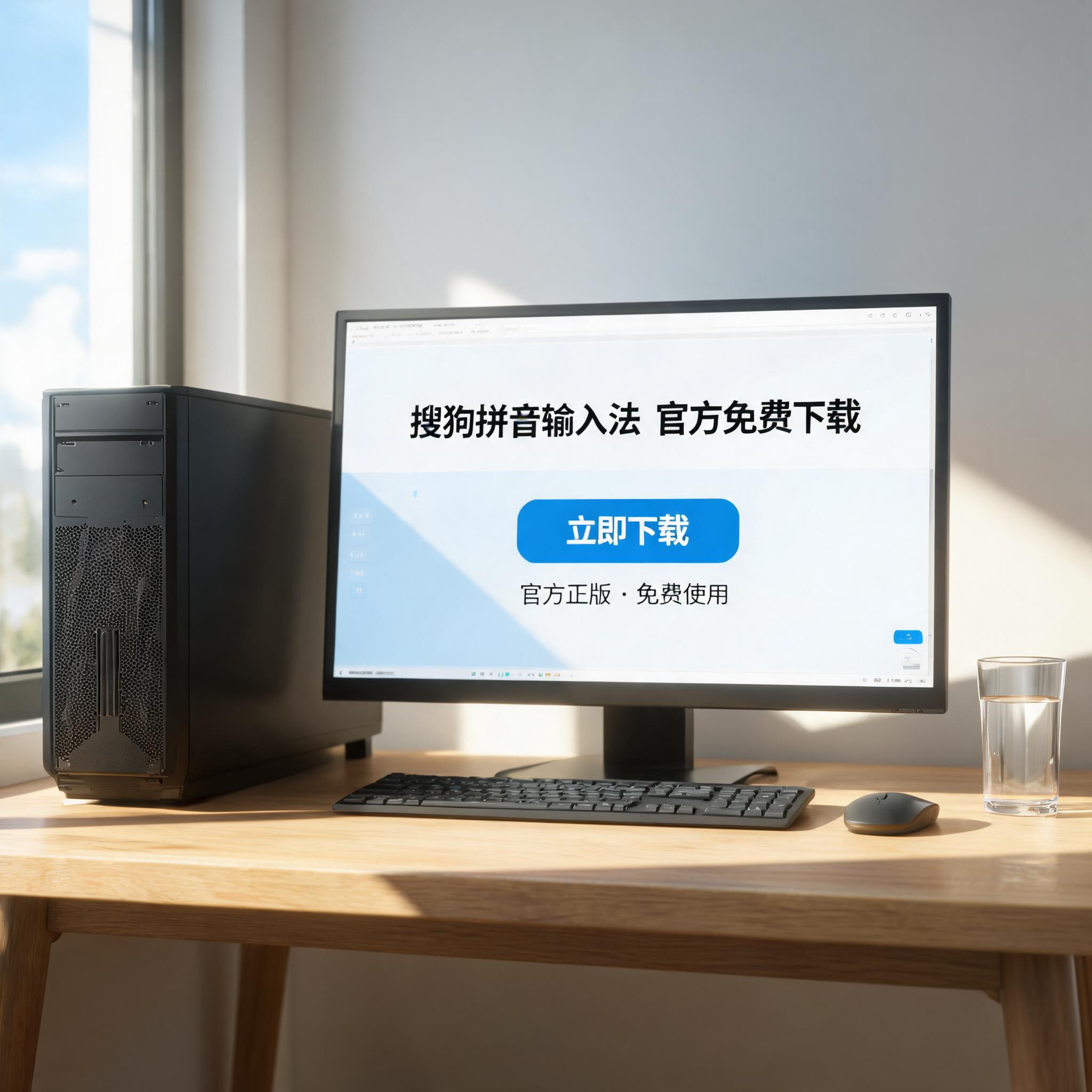 书桌上的主机，屏幕显示搜狗拼音官方免费下载设置界面，桌角放着水杯，自然光