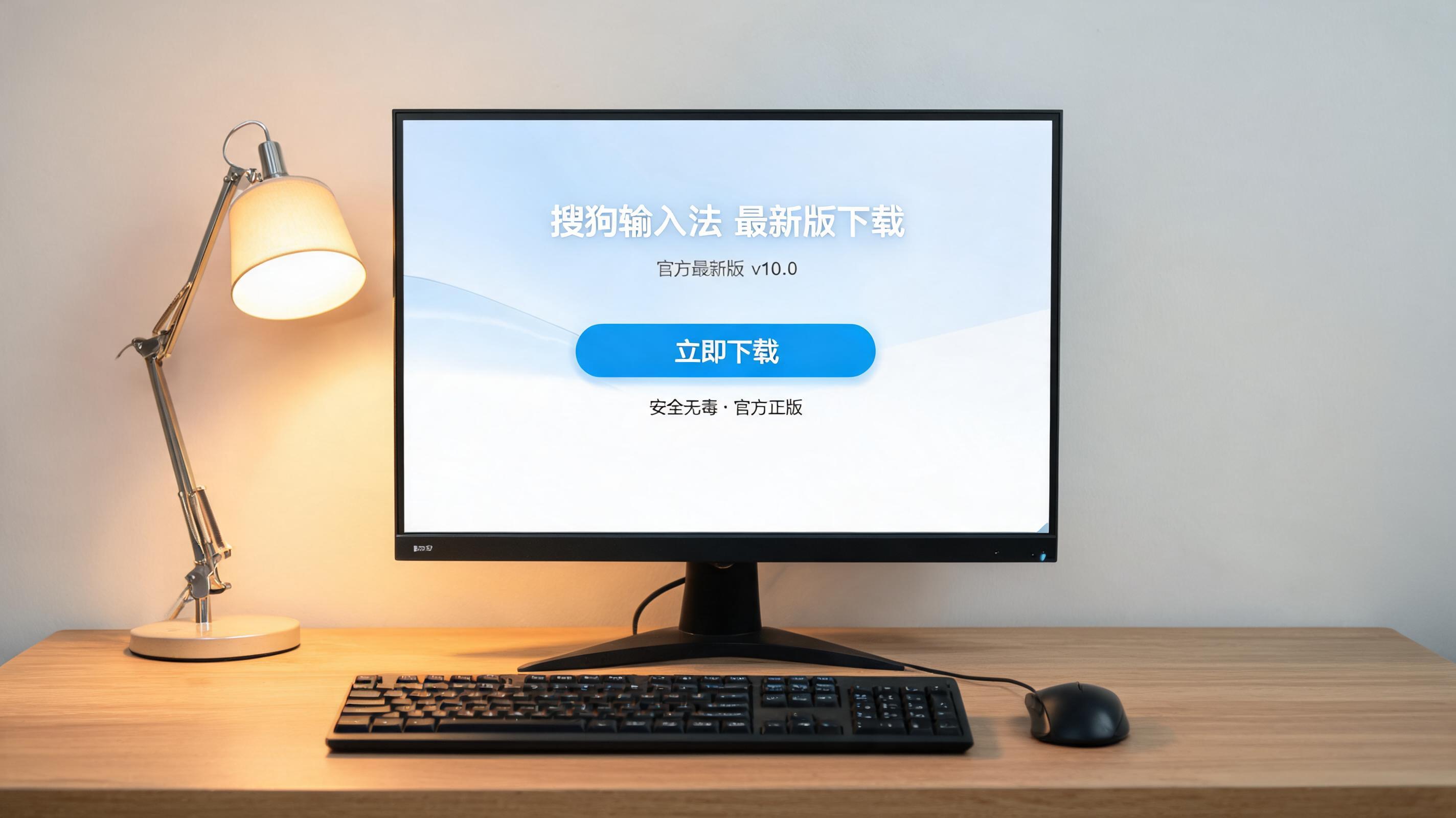 电脑桌上的电脑，屏幕显示搜狗输入法最新版下载界面，旁边放着台灯