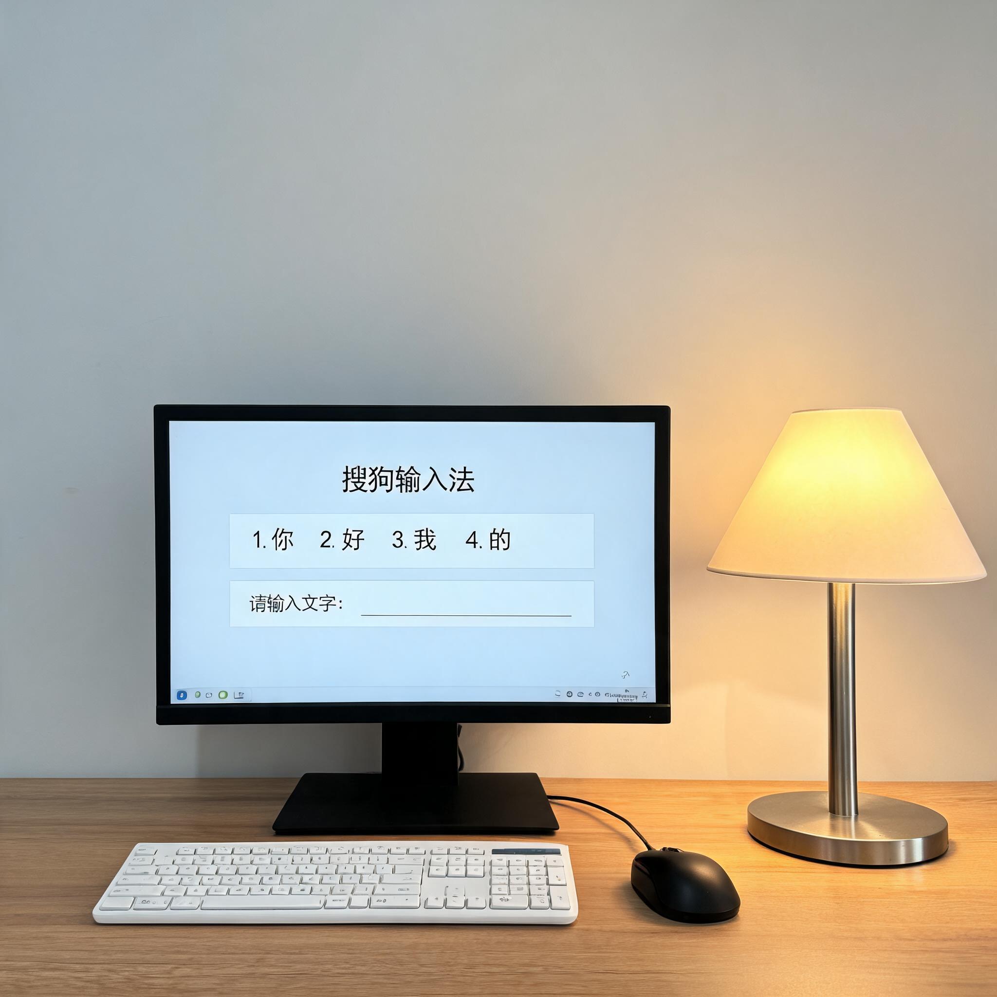 电脑桌上的电脑，屏幕显示输入法界面，旁边放着台灯