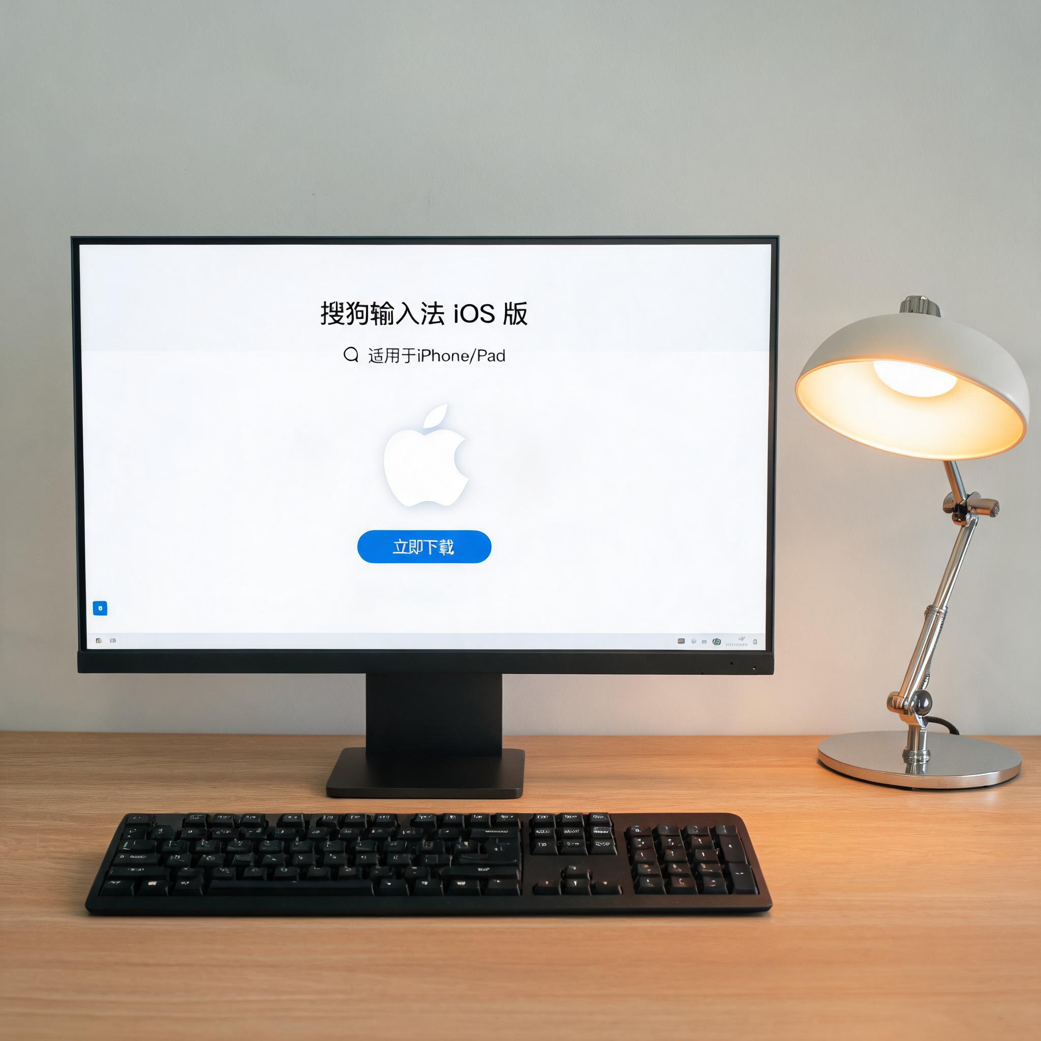 电脑桌上的键盘，屏幕显示搜狗输入法 iOS 版下载界面，旁边放着台灯