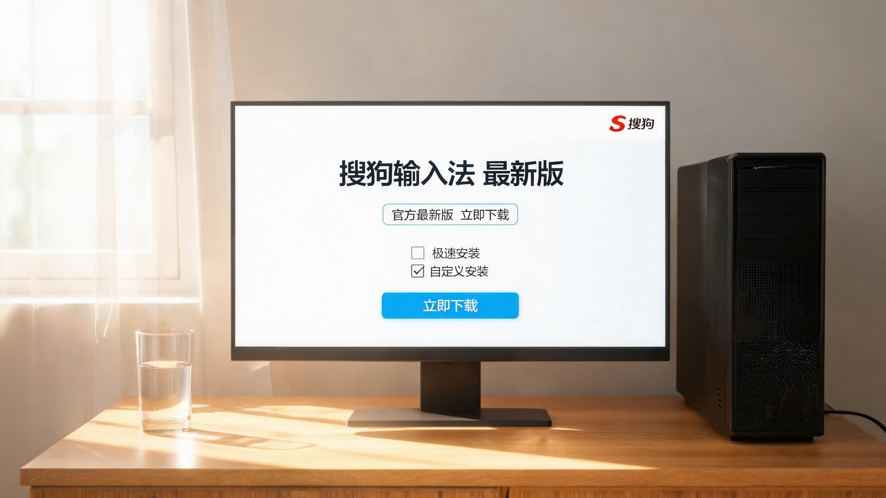 书桌上的主机，屏幕显示搜狗输入法最新版下载设置界面，桌角放着水杯，自然光