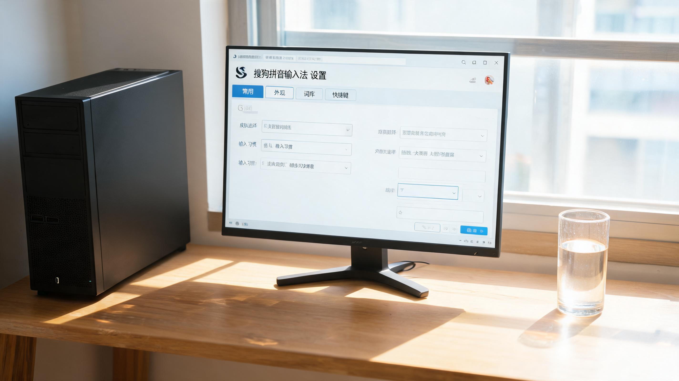 书桌上的主机，屏幕显示搜狗拼音输入法设置界面，桌角放着水杯，自然光